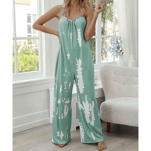 Green & White Tie-Dye Sleeveless Wide-Leg Jumpsuit with Pockets M - Picture 1 of 9